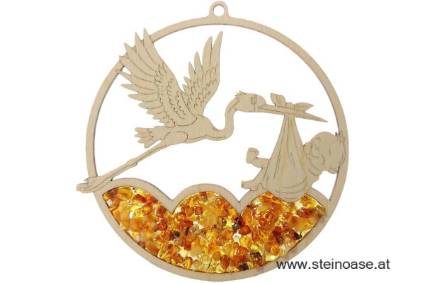 Fensterbild Suncatcher Bernstein - BABY mit STORCH Ø 11cm